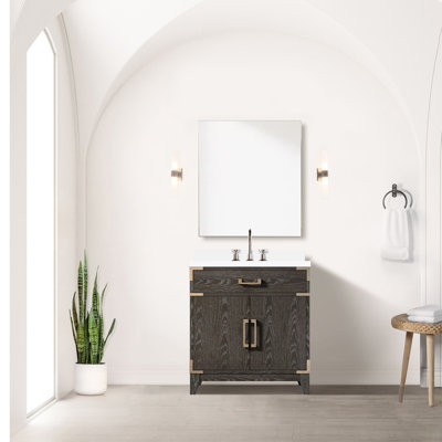 Meuble-lavabo en chêne brun l 30 po x P 22 po, comptoir en marbre de culture et miroir 28 po