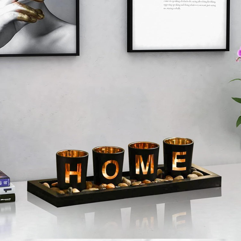 4 bougeoirs en verre avec plateau en bois 4 pièces