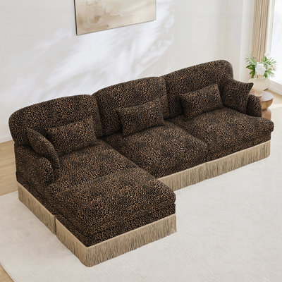 Comfy Chenille Leopard Printing L-Shaped Sofa, Delicate Tassel Edge, Movable Ottoman, Modern Fashion Style, Ergonomic Back and Seat Design, Easy Assembly, Deep Seat Design for Living Room