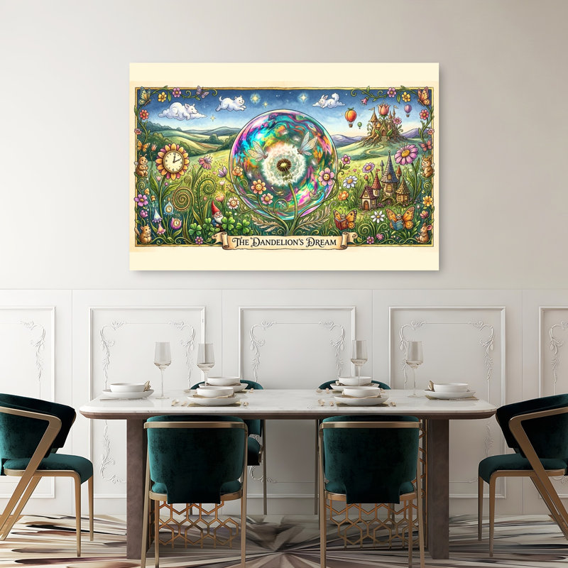 The Dandelion'S Dream Colorful Playful Vibrant Butterfly Cat Dandelion Flower Landscape Wall Art Print by Katie Towers - Wrapped Canvas Print