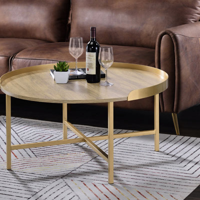 Oak And Gold Round Tray Style Top Coffee Table With Cross Bar Metal Base, 0.75" Thick, 34" Product Depth, Width, 18" Height Thickness, 34 Inches 18