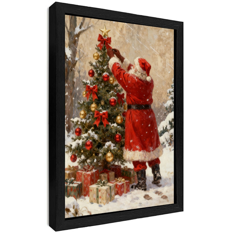 Père Noël noir encadré noir décorant un arbre de Noël, impressions murales de style rétro, H 17 po x l 13 po