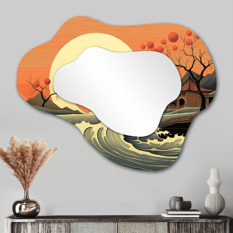 Cerisier en fleurs japonaises avec pleine lune et miroir japonais, 27 po x 35 po