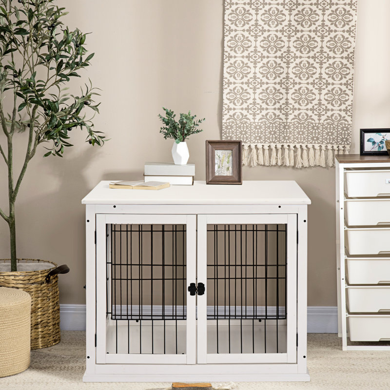 Table de bout d'intérieur pour chenil, petite avec porte verrouillable et deux côtés ouverts, jolie table de décoration blanche pour chiens, décor d'ouverture, Pure