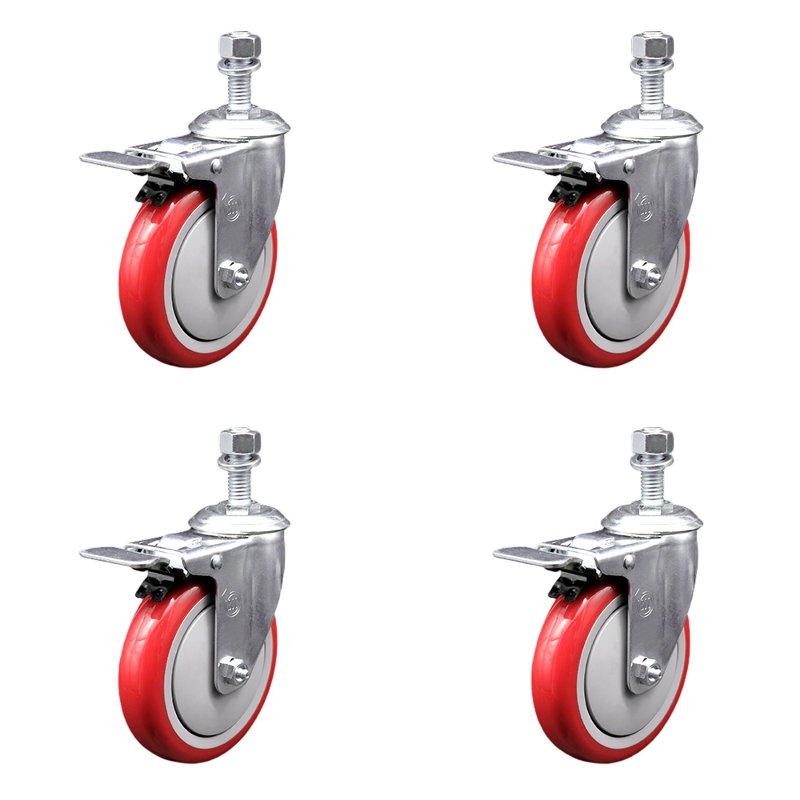 5 Inch SS Polyurethane 12mm Threaded Stem Caster Set Total Lock Brake, Red