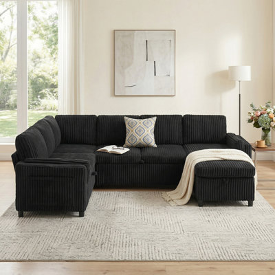 111" U-Shaped Convertible Sectional Sofa With Pull-Out Sleeper Bed,Reversible Chaise Lounge And Usb Ports & Pockets,Hidden Storage