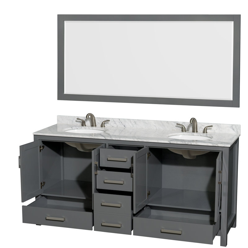 Meuble-lavabo double autoportant 72 po avec plateau en marbre Sheffield, Marbre de Carrare blanc, Gris foncé