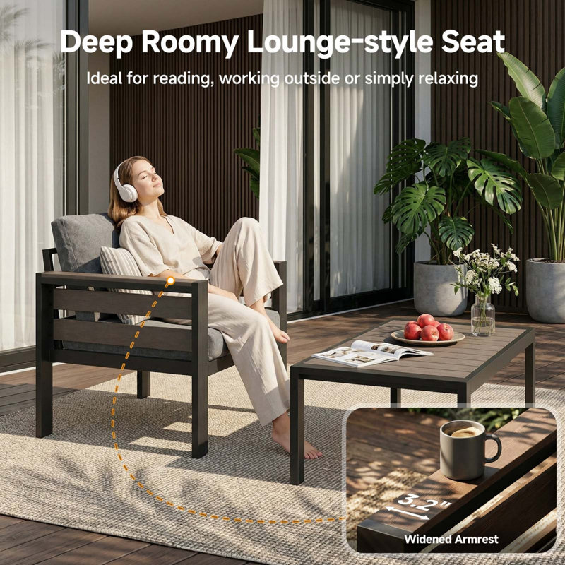 3-Piece Outdoor Chair Set with Coffee Table, 2 Single Armchairs, Wood-Grain WPC Armrests, Thick Cushions, Aluminum Frame Patio Set, Dark Gray