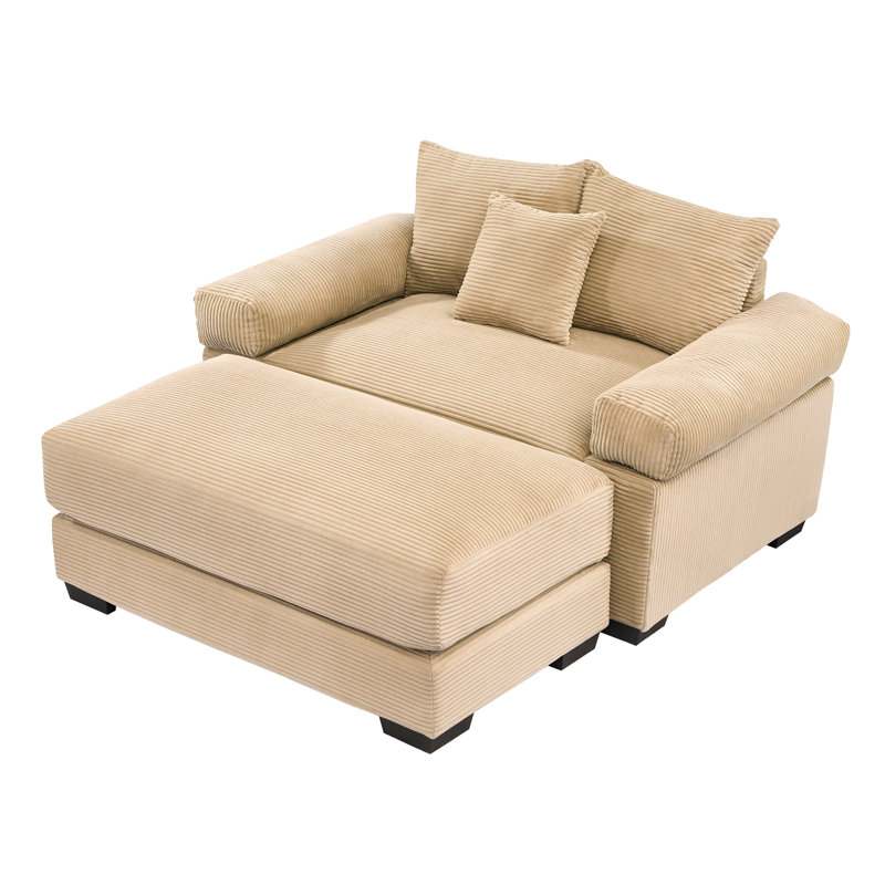 Flyn 54.3" Corduroy Upholstered Accent Chair with Ottomans & Pillow, Camel