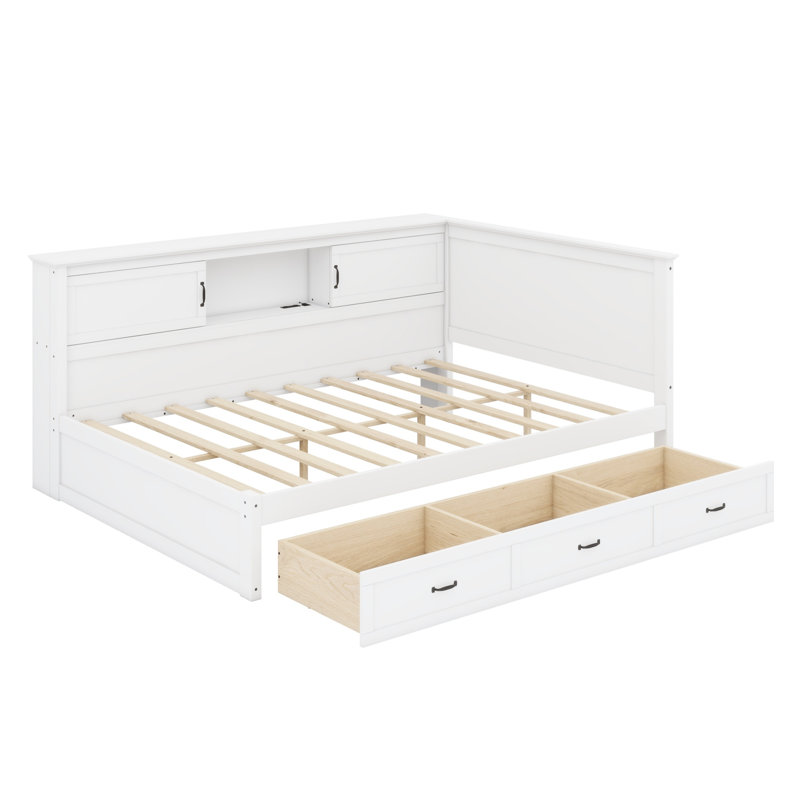Structure de lit en L avec tiroir et bibliothèque, lit d'angle en bois avec éclairage à DEL et port USB, Double