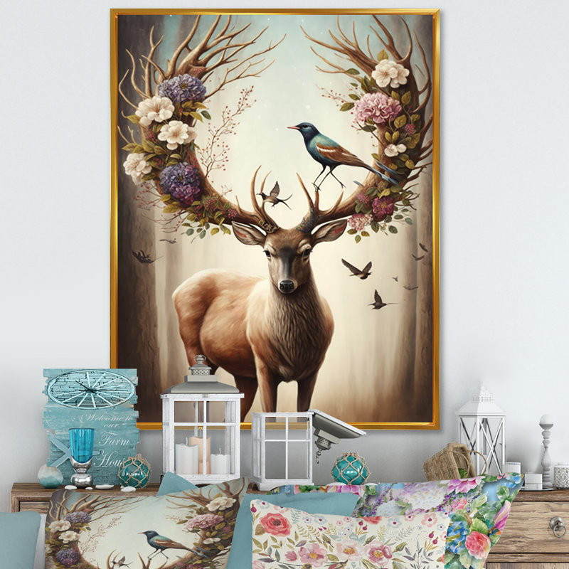 «Deer With Blooming Antler I», impression sur toile encadrée, H 20 po x l 12 po, Cadre flottant doré