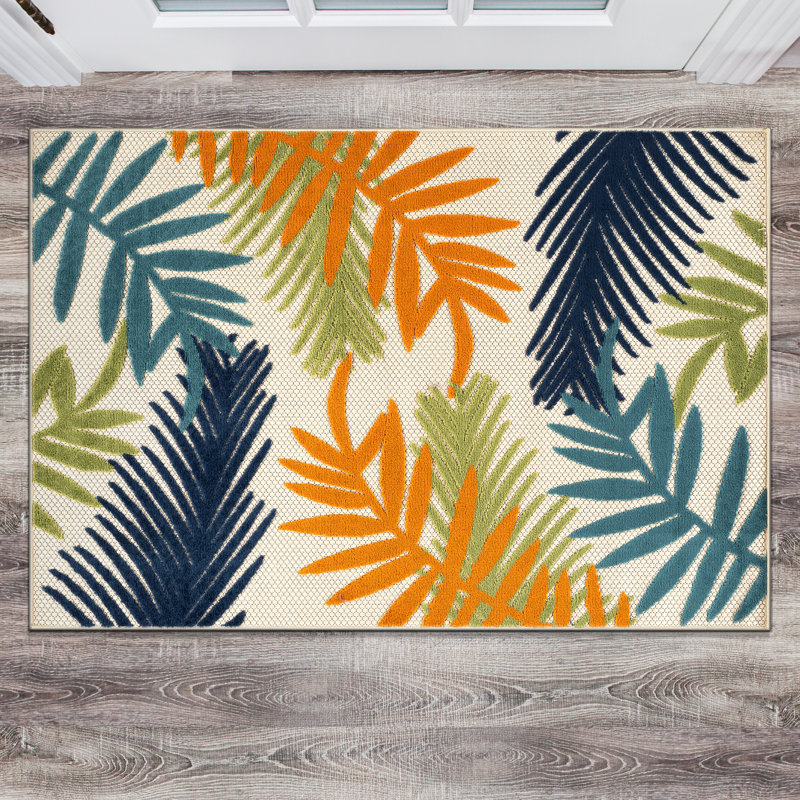 Parksley Palm Frond Indoor/Outdoor Area Rug Ivory/Orange/Navy, Rectangle 2' x 3'