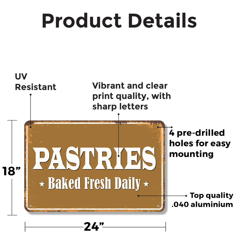 Enseigne de fantaisie en aluminium 18 po x 24 po Pastries Street, H 18 po x l 24 po x P 0,1 po