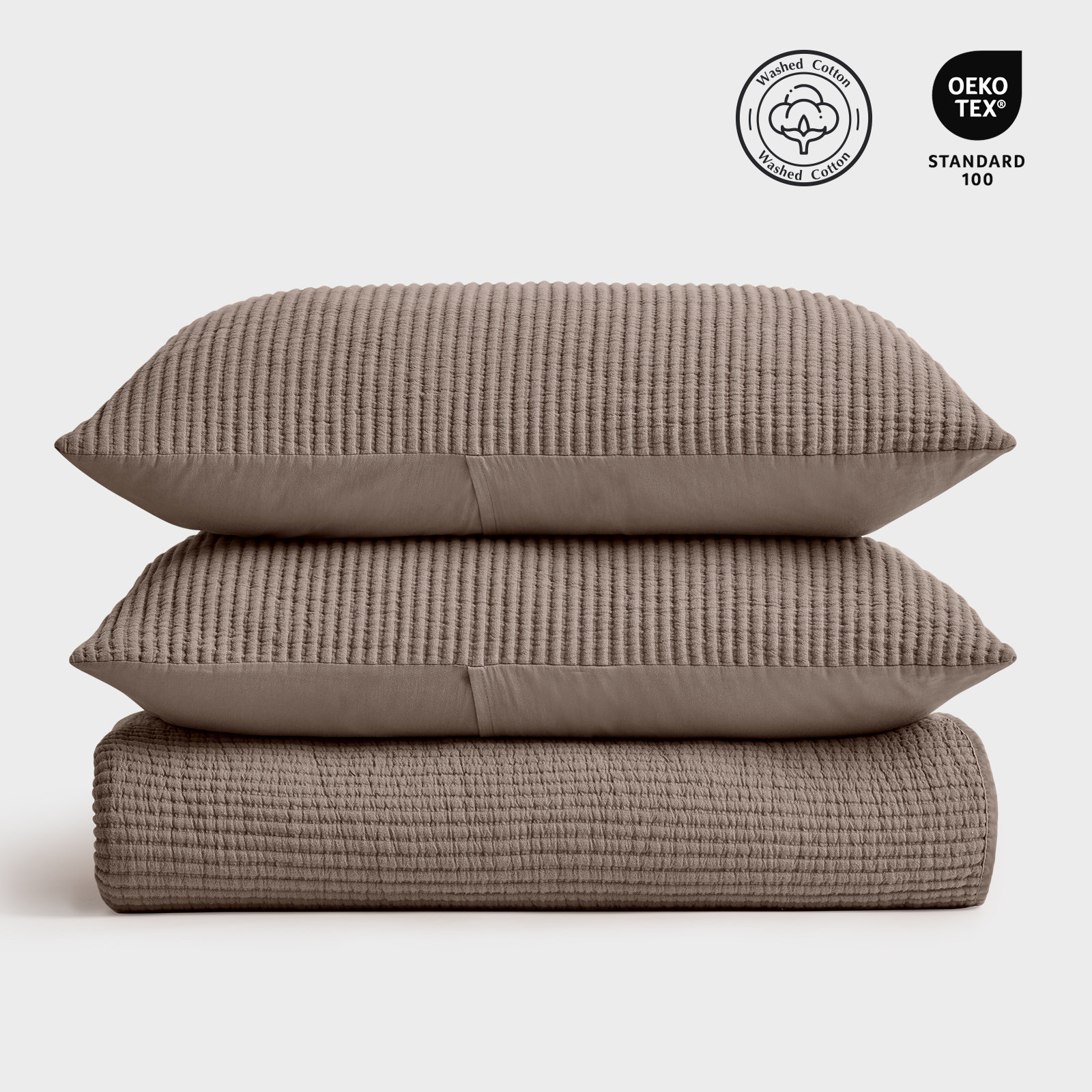 Ribbed Matelassé Cotton Coverlet Set, King Quilt + 2 King Shams, Mocha Brown