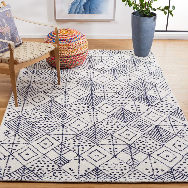 Anaistacia Hand Tufted Wool/Cotton Geometric Rug in Ivory/Blue, Rectangle 5' x 8'
