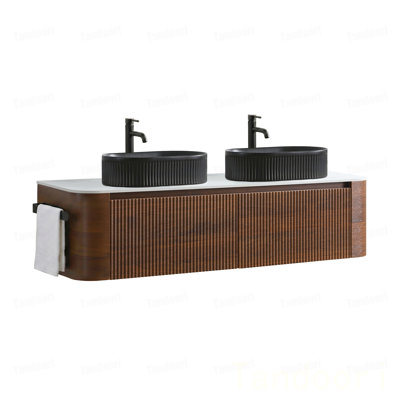 Meuble-lavabo de salle de bain avec lavabo, armoire murale en noyer avec porte-serviettes gratuit, conception de lavabos en céramique à rayures ovales doubles, sans drain et robinet, pré-assemblé
