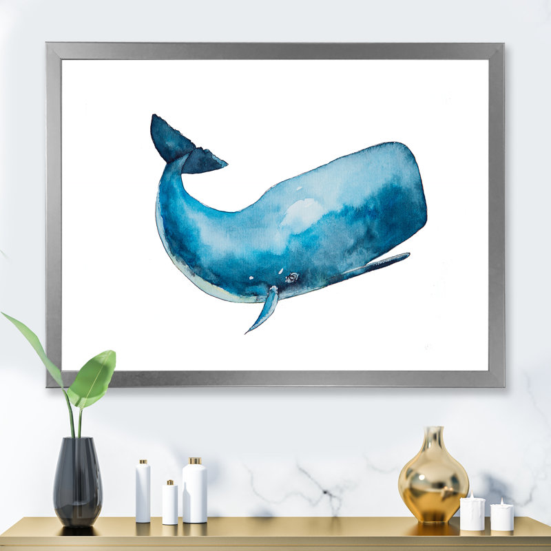 Baleine bleue sur fond blanc I - Peinture sur toile, H 24 po x l 32 po x P 1 po, Cadre photo argenté