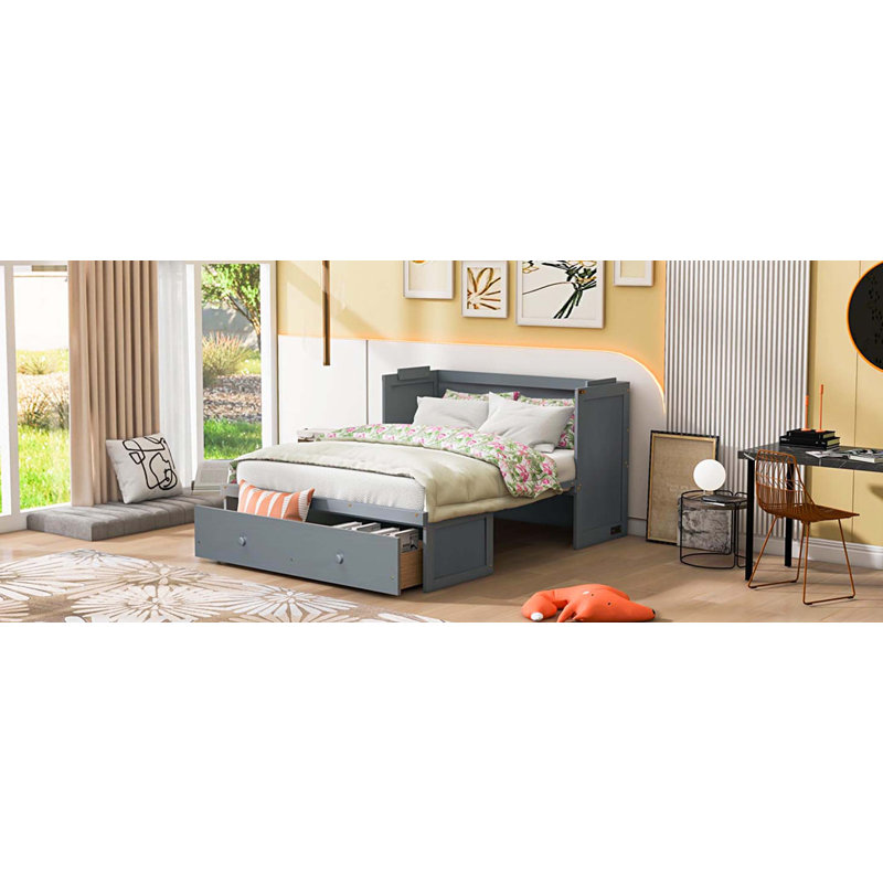 Lit escamotable avec port USB et grand tiroir, Gris, Lit double