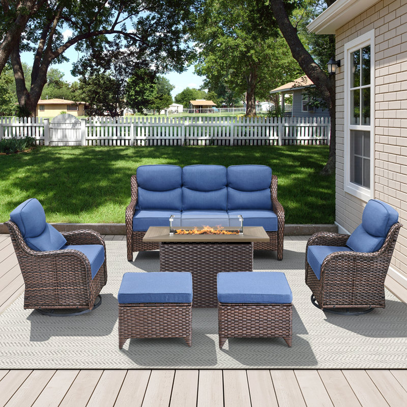 Ensemble de conversation pour canapé en osier 6 pièces avec chaises berçantes et foyer d'extérieur, Bleu, Brun