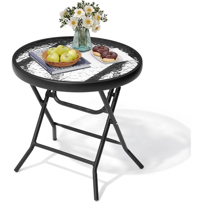 Table d'appoint d'extérieur pliante avec plateau en verre trempé, petite table d'appoint pour le porche, la cour, le balcon, la terrasse, la pelouse ou le jardin, noir
