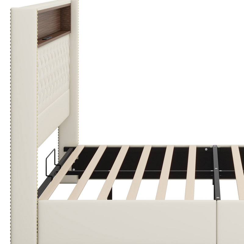 Soft Quilted Bed Frame with USB Ports, Ambient Night Light, and Decorative Rivets, Beige