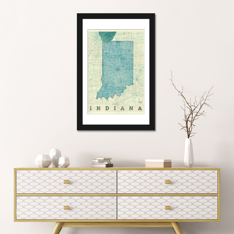 « indiana map », impression sur toile, H 24 po x l 16 po x P 1 po, Papier d'art encadré noir, Blanc