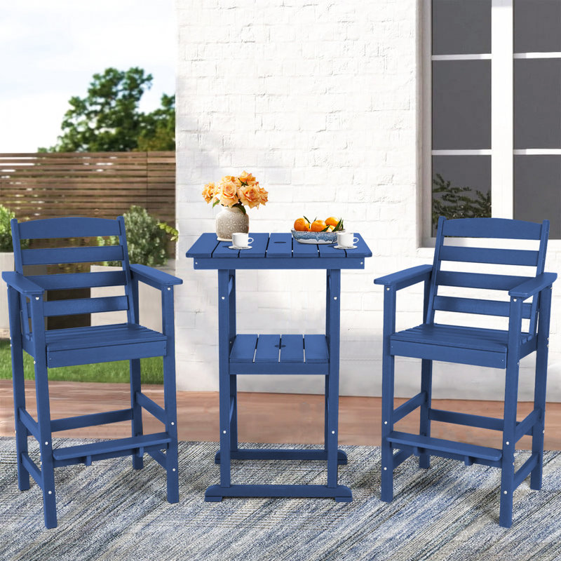 3 Piece Outdoor Adirondack Bar Chairs And Table, Navy