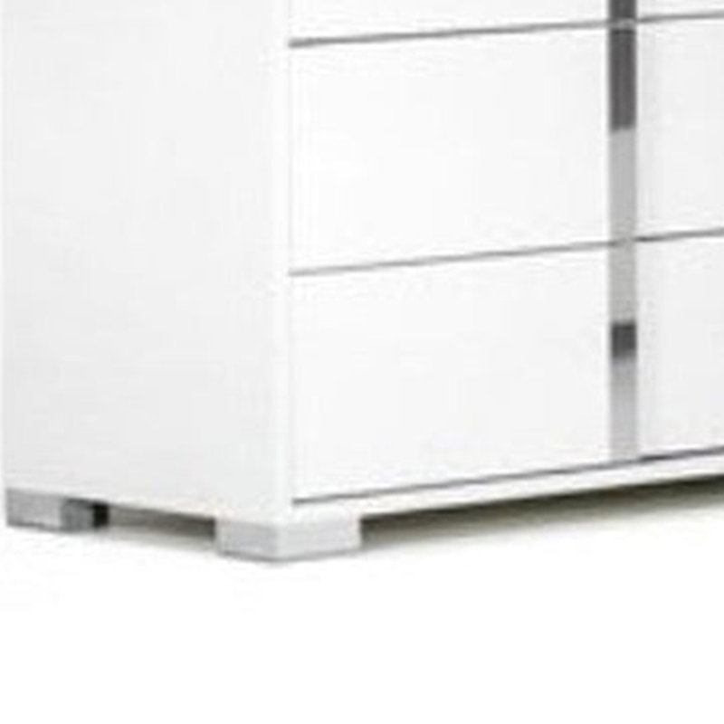 Grande commode Suni, bois blanc brillant avec finition UV, 6 tiroirs, Chrome
