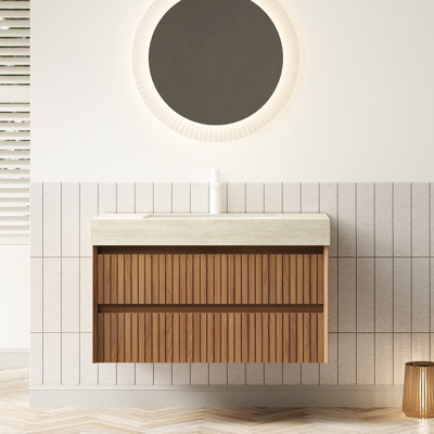 Meuble-lavabo mural 30 po, pierre frittée dorée, armoire en contreplaqué en céramique teintée, unité de tiroir à fermeture en douceur, comptoir en pierre, façade en bois massif, facile à installer