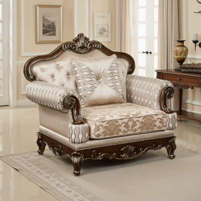 Shonta 48.5" Traditional Upholstered Armchair - Faux Crystal Tufting & Nailhead Trim, Cherry Finish with Gold Tipping