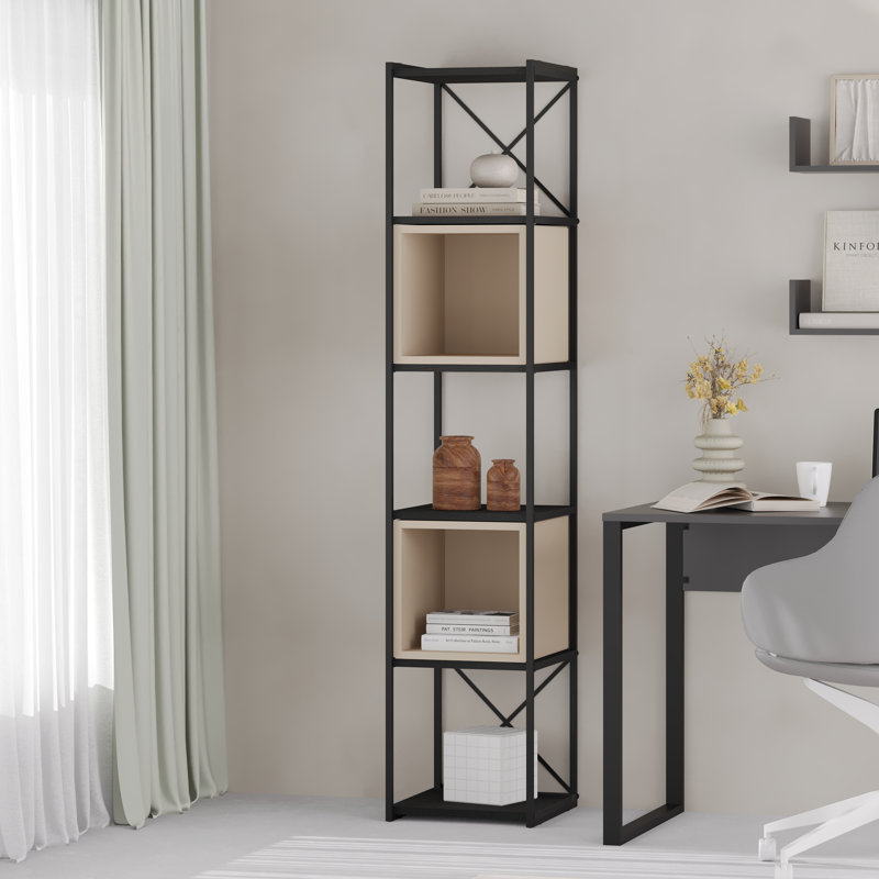 5-Shelf Slim Display Bookcase with Cross Metal Frame, Black/Sandstone
