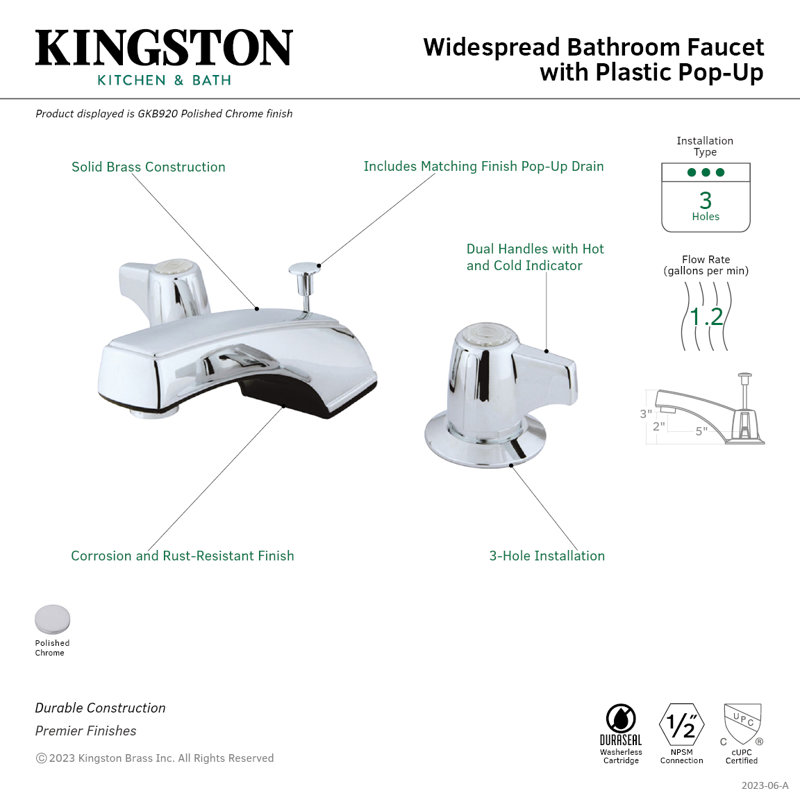 Robinet de salle de bain espacé avec ensemble de drain Americana, Escamotable en plastique