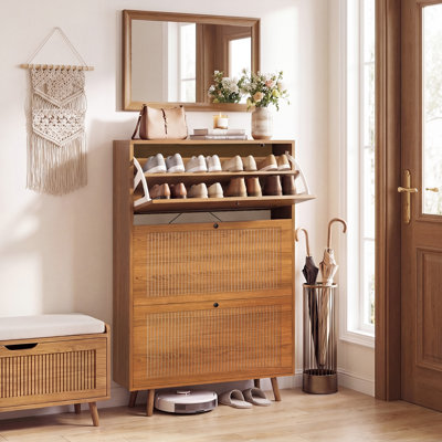 Shoe Storage Cabinet with 3 Flip Drawers, Fluted Panel Wooden Shoe Rack Organizer with Adjustable Shelves for Entryway, Hallway, Living Room, Walnut