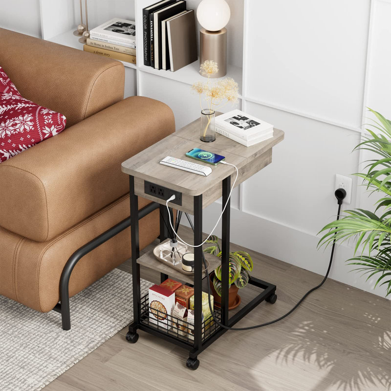 C Shaped End Table With Charging Station, Brown