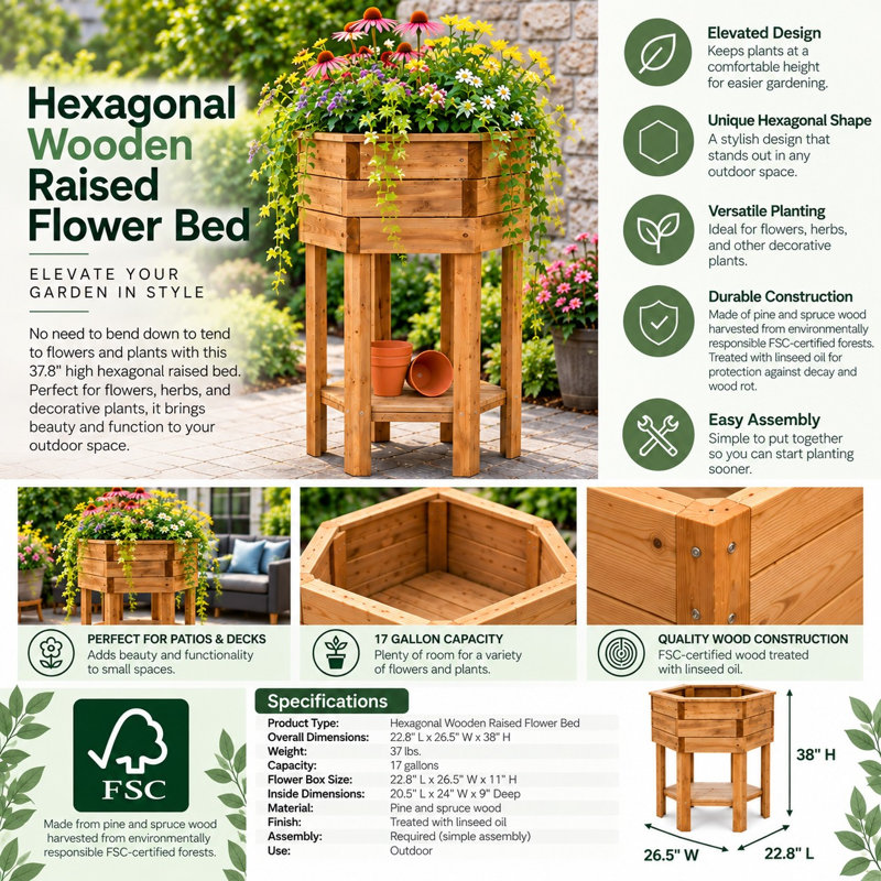 Lit surélevé hexagonal Tierra Garden L 22,8 po x l 26,5 po x H 38 po Collection Tuoi