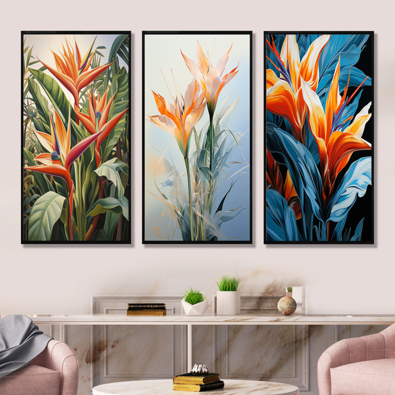 Oiseaux de paradis fleurs tropicales I - Ensemble de 3 décorations murales oiseaux de paradis, Cadre flottant noir