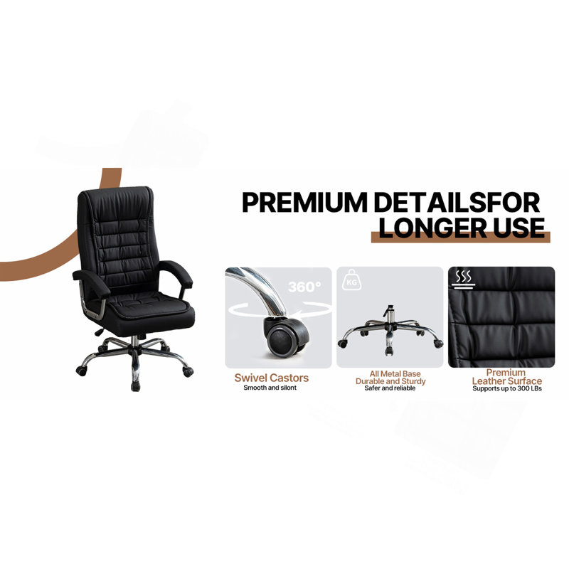 Fauteuil de direction en cuir synthétique à haut dossier avec coussin à ressorts, fauteuil d'ordinateur pivotant ergonomique avec accoudoirs chromés, capacité de 350 lb pour le bureau personnel, noir
