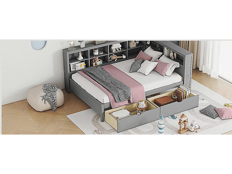 Canapé-lit en bois avec 2 tiroirs, tablette de rangement et port de chargement USB, Complet/Double, Gris
