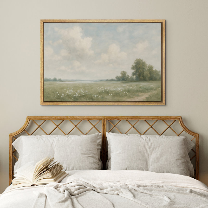 Vintage Meadow Landscape Field Cottagecore Decor - Framed Canvas Wall Art Print, Natural, 24" H x 36" W