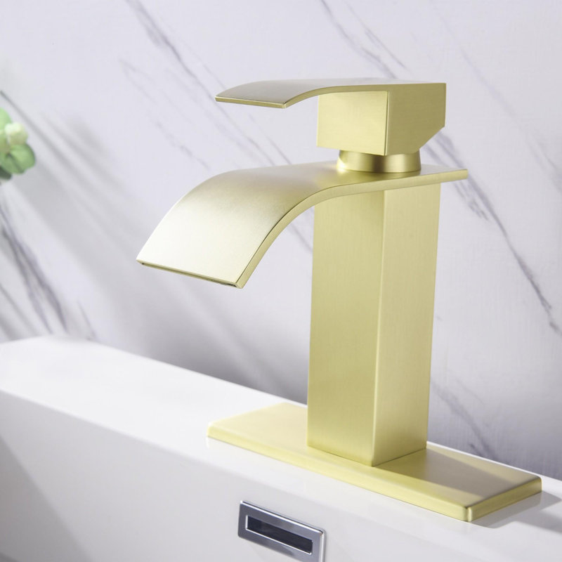 Robinet de lavabo de salle de bain à poignée simple avec bec cascade, Or brossé