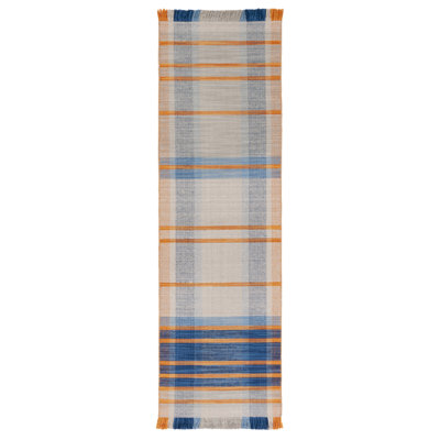 Anjail Flat Weave Wool/Cotton Plaid Rug in Orange/Blue