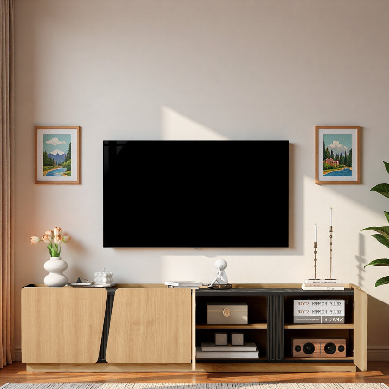 Meuble télé moderne avec coins arrondis, plateau en marbre et tablettes réglables, Chêne