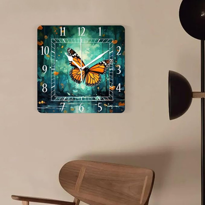 Horloge murale décorative de 10 pouces avec horloges carrées silencieuses pour la cuisine du salon, papillon 3
