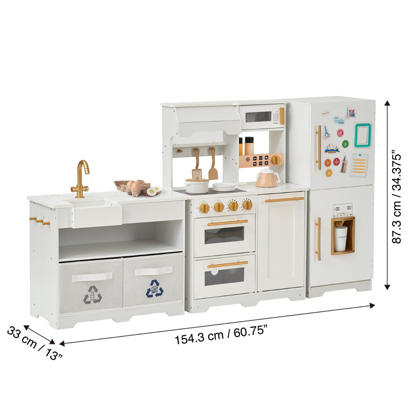 Teamson Kids Little Chef Atlanta Large Modular Wooden Play Kitchen + 17 Accessories and Interactive Toy Appliances - White/Gold
