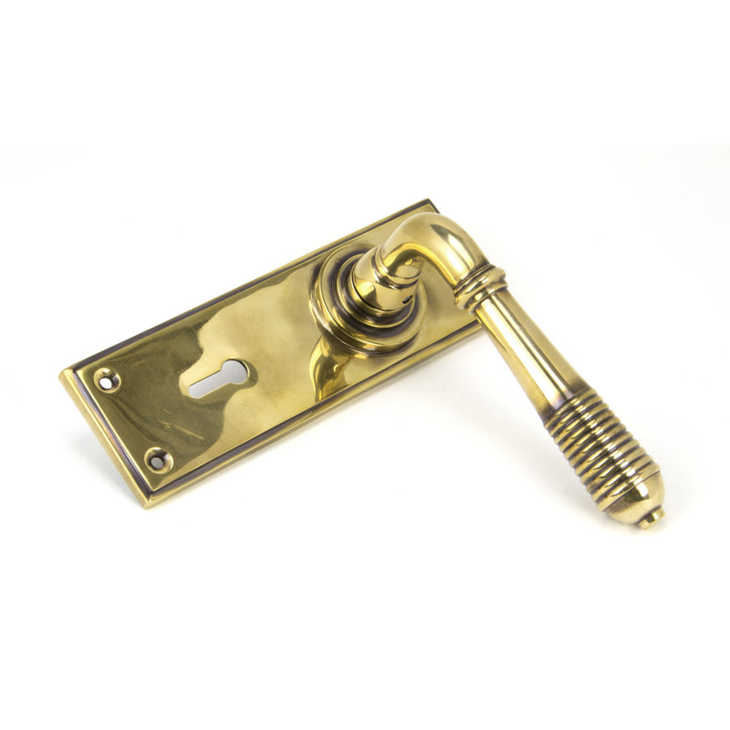 Reeded Lock Door Handle Kit, Aged Brass