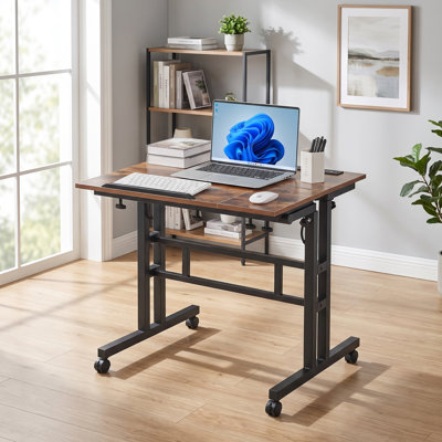 Bureau mobile réglable en hauteur pour ordinateur portable avec prise électrique, bureau d'ordinateur à roulettes avec 3 prises secteur et 2 ports USB, poste de travail inclinable sur roulettes pour bureau à domicile, brun rustique