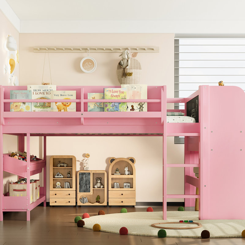 Full Loft Bed, Pink, Solid Wood, Multi - Storage, Blackboard, Educational Fun Play Area, ', Pink
