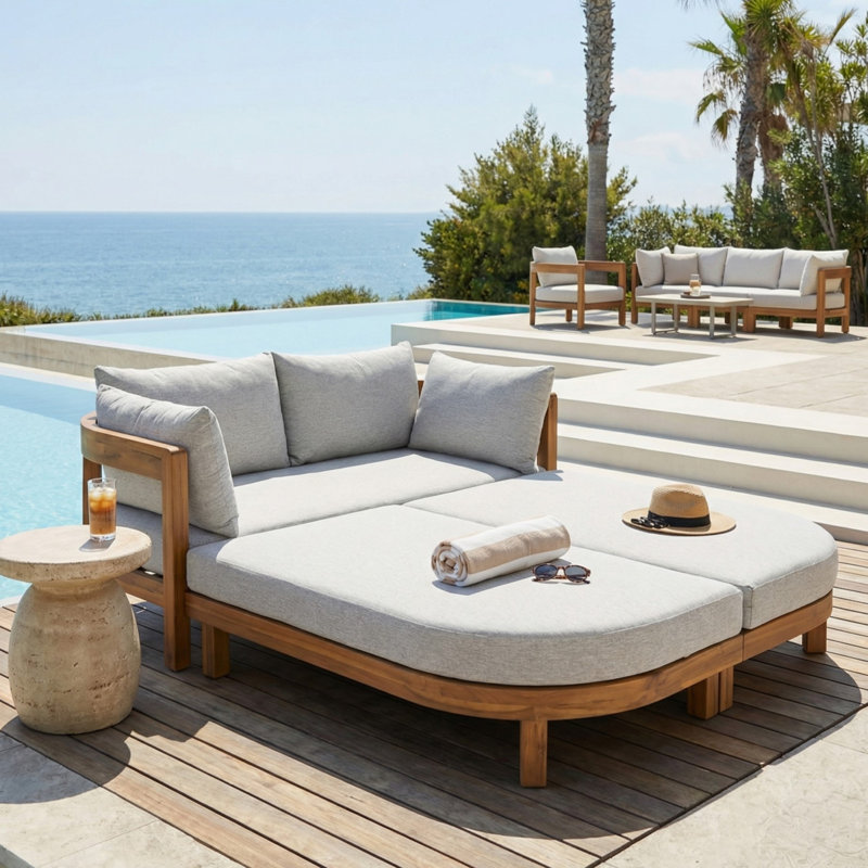 Modern Natural Acacia Wood Outdoor Daybed With Cushions, Light Gray