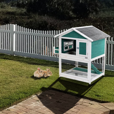 Spacieux lapin de 2 étages avec plateau coulissant et toit imperméable - Bois massif pour 1 à 2 lapins, cage de cochon d'Inde et créatures de taille similaire
