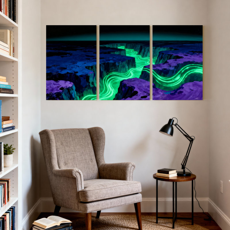Nautique et plage, rivière néon qui coule à travers un canyon foncé, ensemble de 3 impressions sur toile, H 24 po x l 48 po
